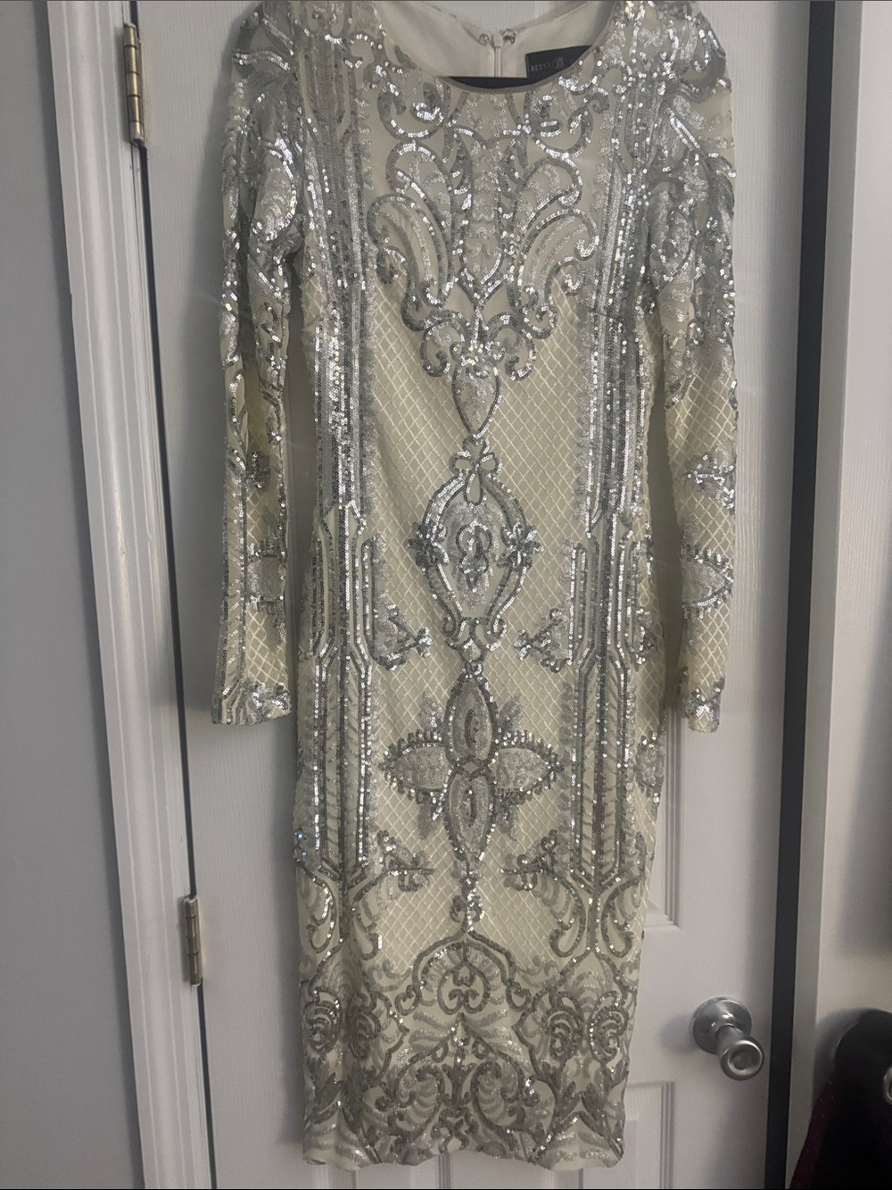 Ivory Long-Sleeve Sequin Sheath Dress